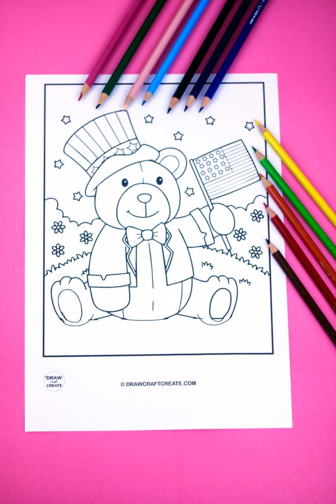 4th July Coloring Page Bear Top Hat