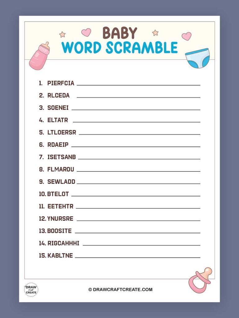 Baby Shower Word Scramble Printable