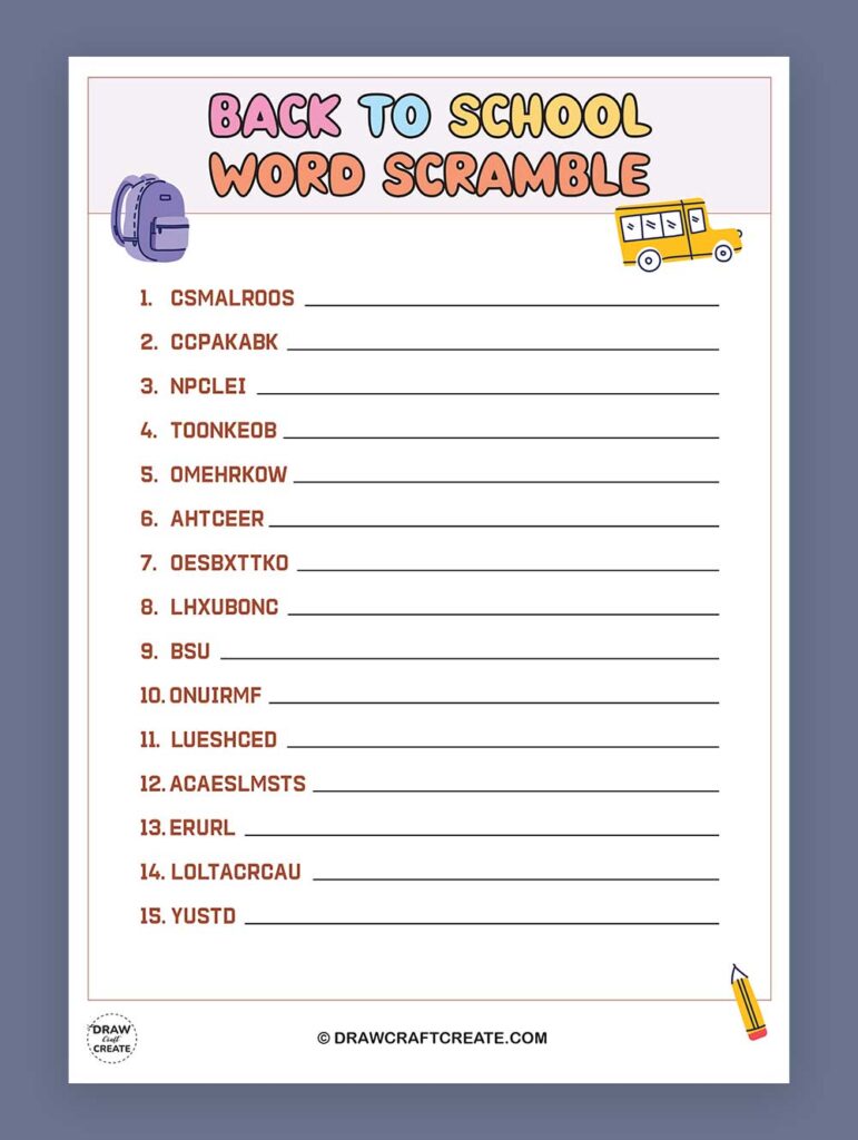 Printable Back To School Word Scramble