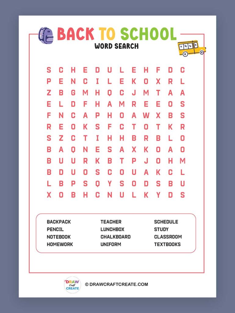 Printable Back To School Word Search