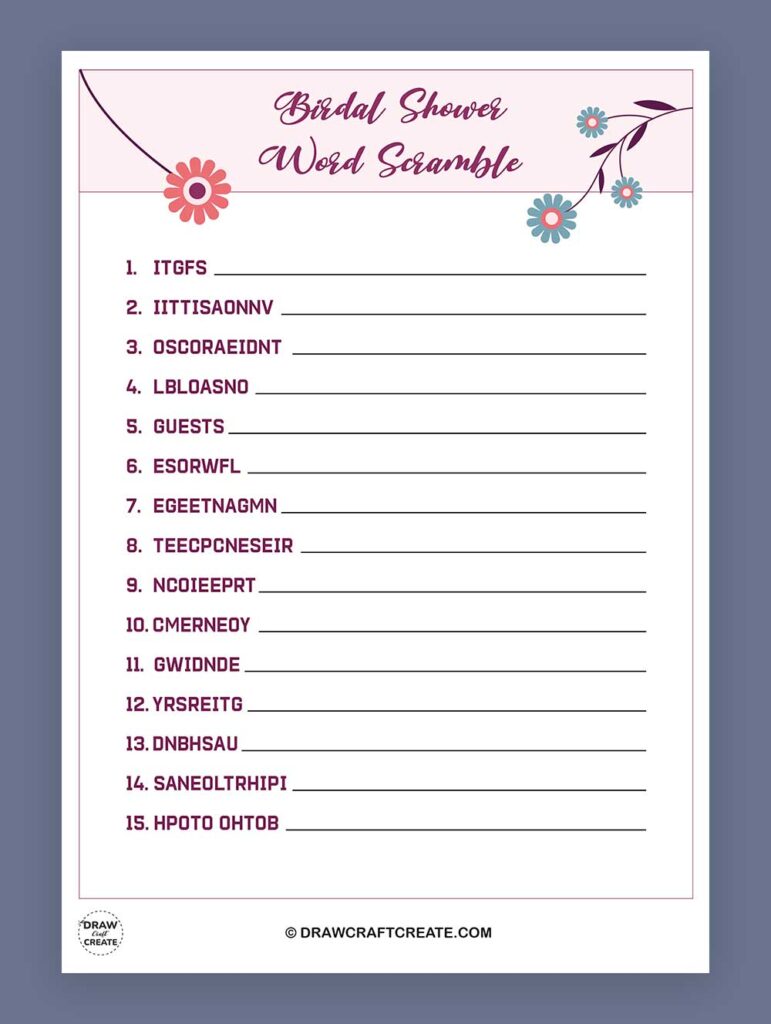 Printable Bridal Shower Word Scramble