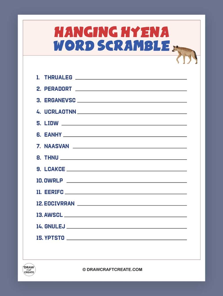 Printable Hanging Hyena Word Scramble