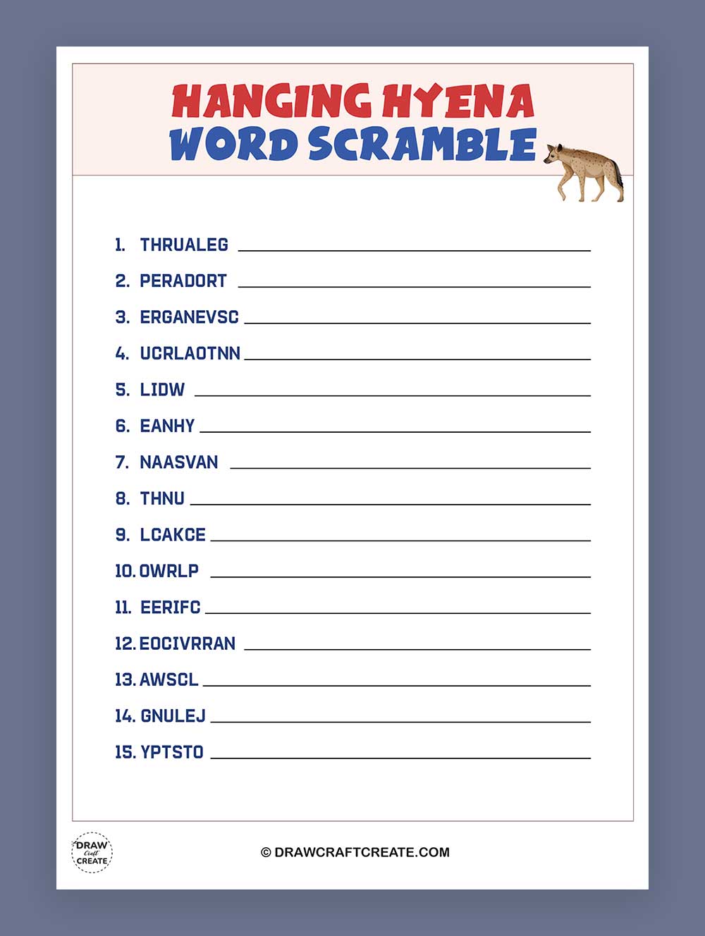 Free Printable Hanging Hyena Word Scramble Draw Craft Create