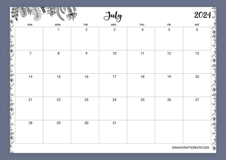 Free Printable July 2024 Calendar Template - Draw Craft Create