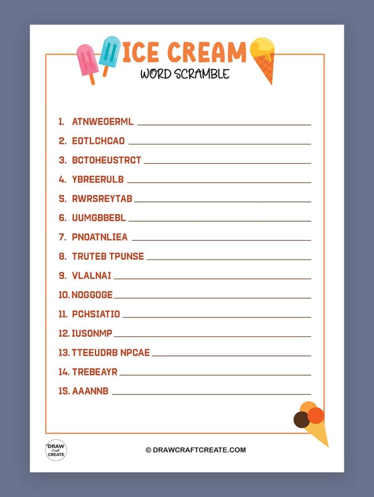 printable ice cream word scramble