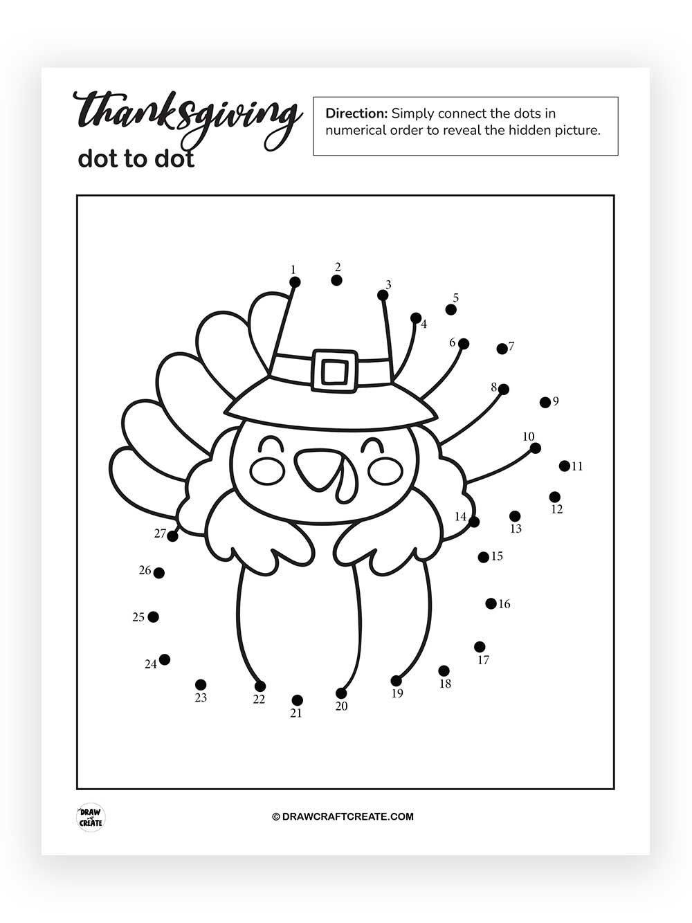 printable thanksgiving dot to dot turkey