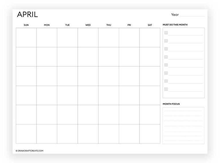 Free Printable Blank Calendars (Vertical, Landscape) - Draw Craft Create