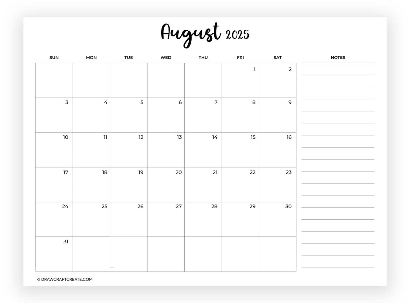 august 2025 calendar with note