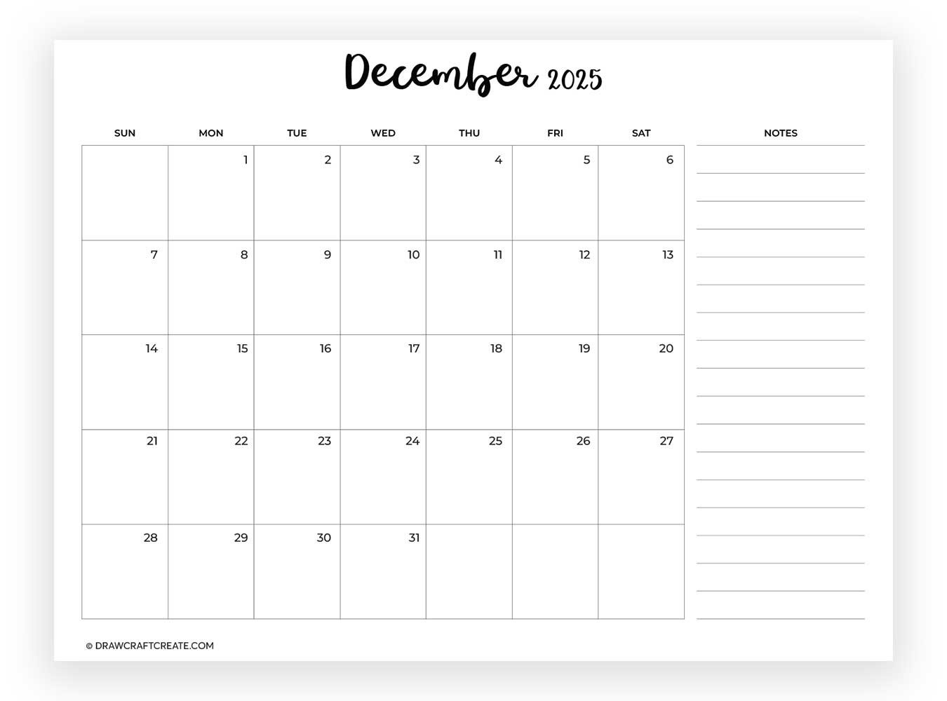 december 2025 calendar with note