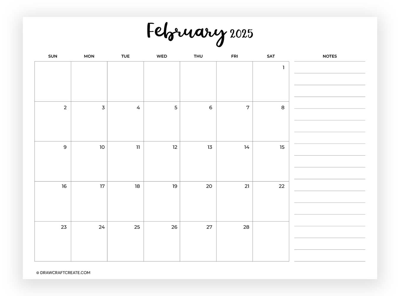 february 2025 calendar with note