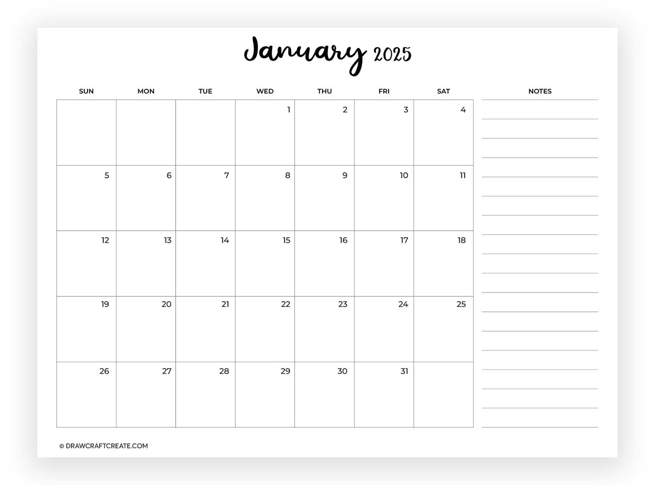 january 2025 calendar with note