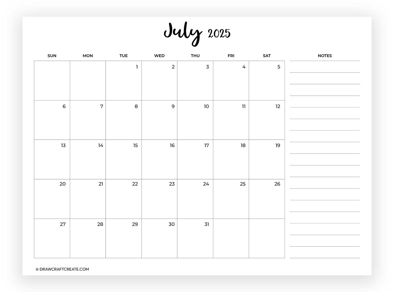 july 2025 calendar with note