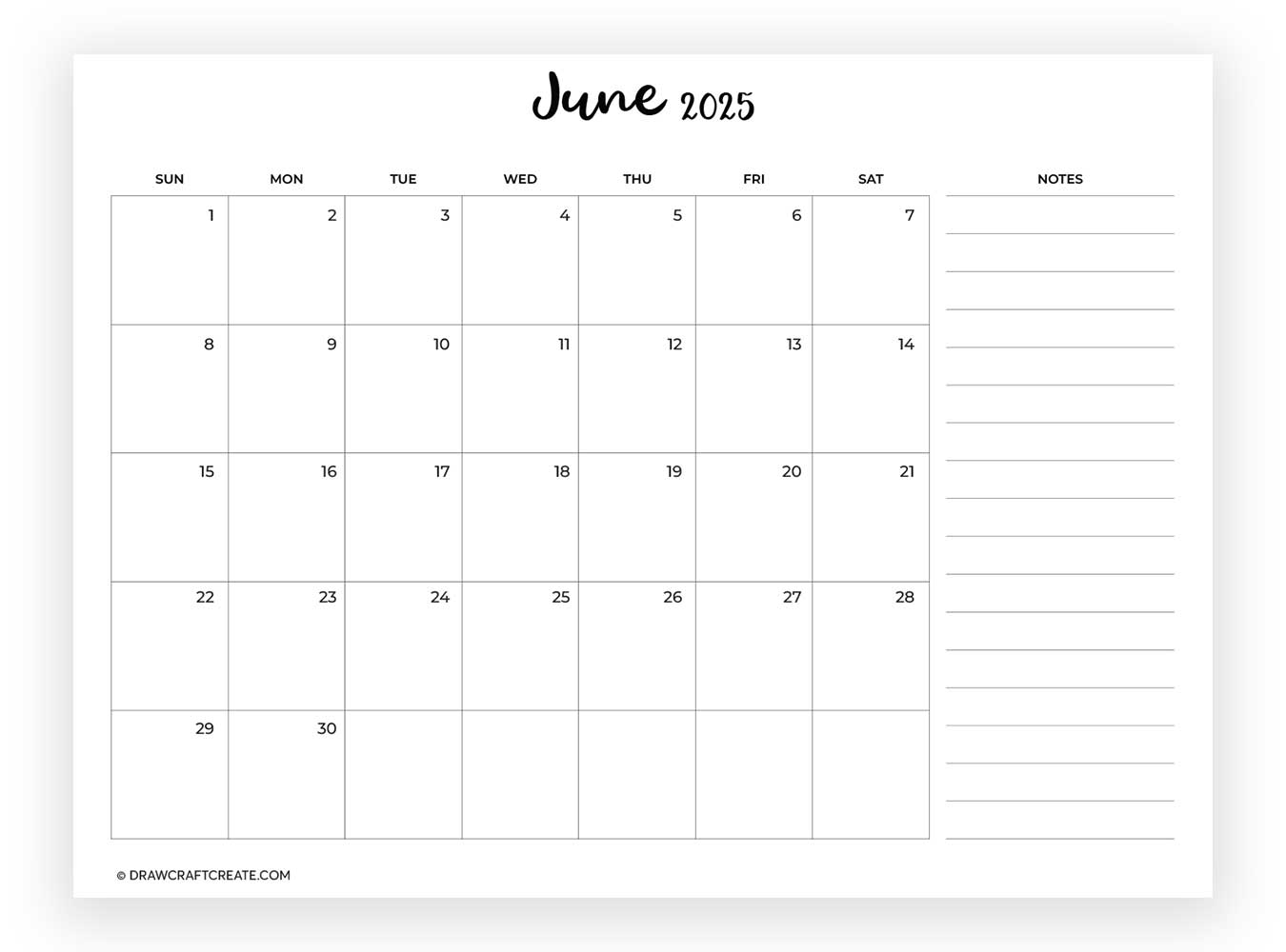 june 2025 calendar with note