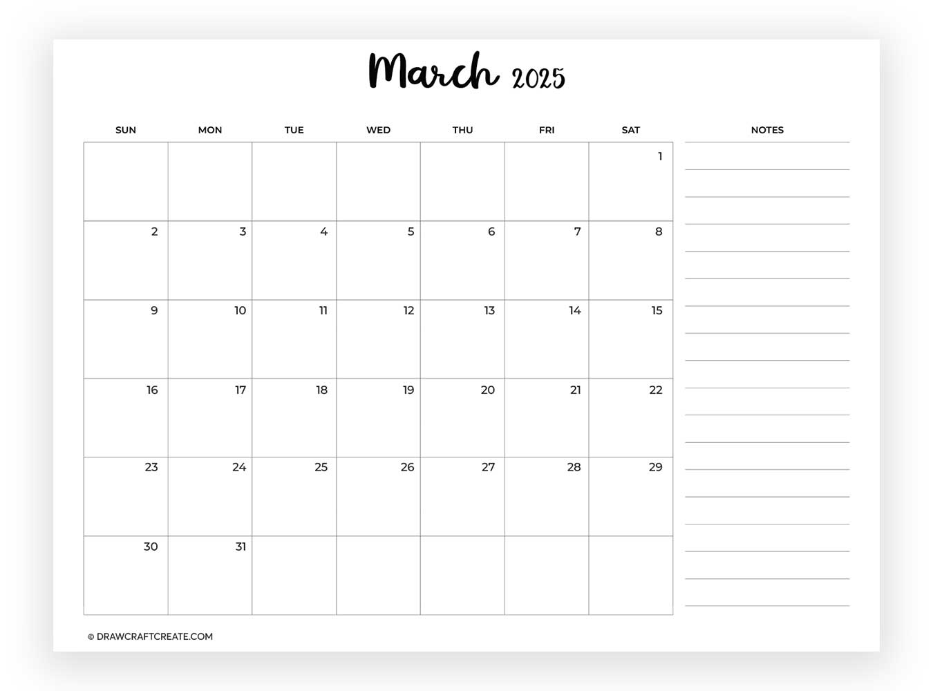 march 2025 calendar with note