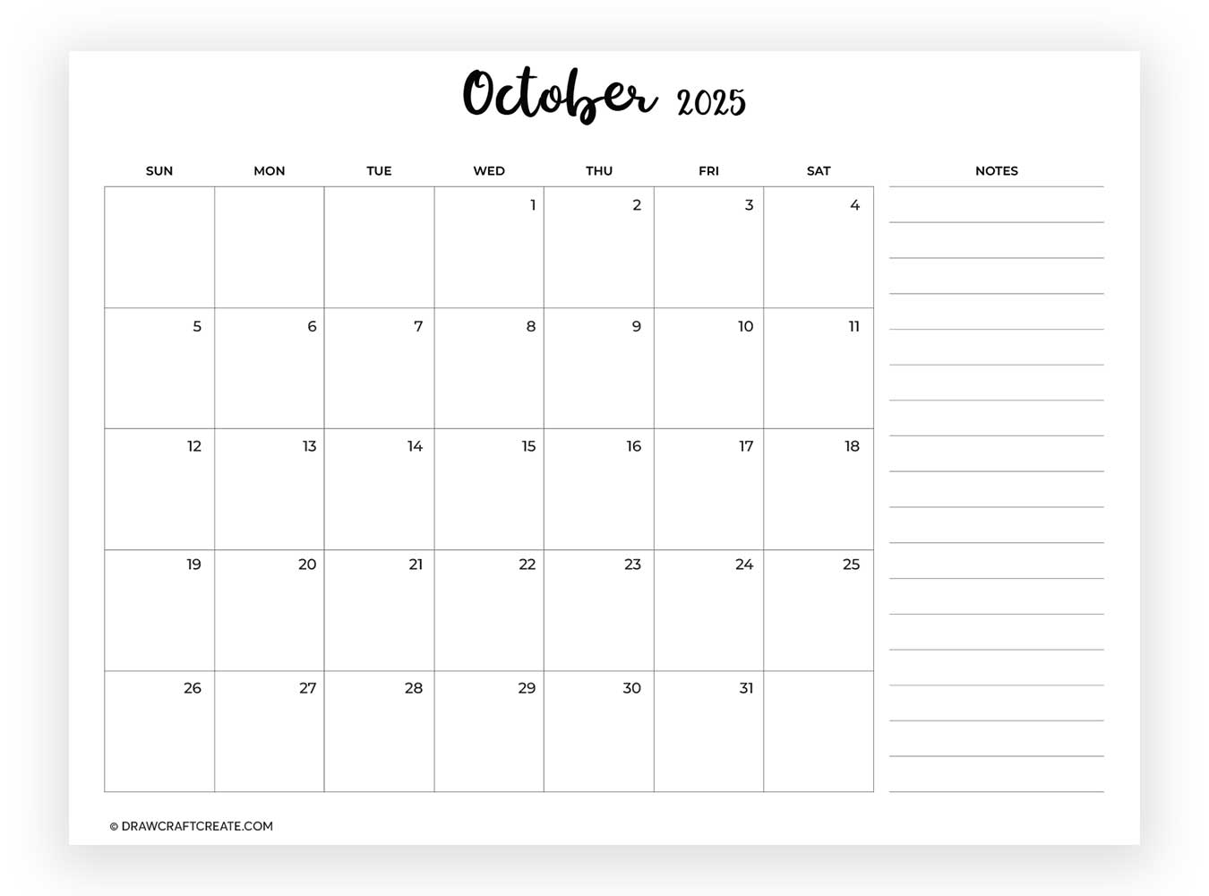 october 2025 calendar with note