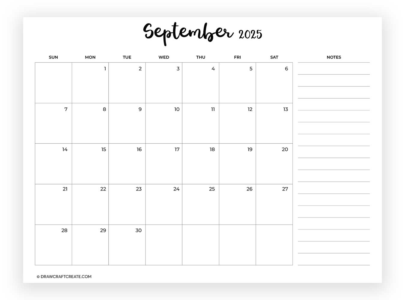 september 2025 calendar with note