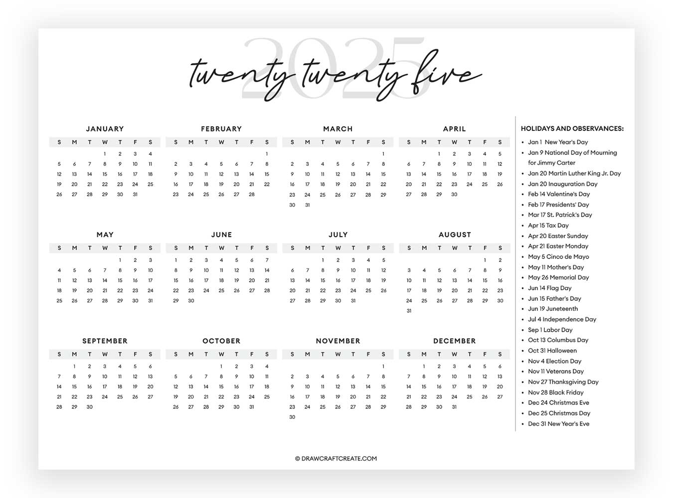 2025 Calendar With Holidays Free Printable Landscape