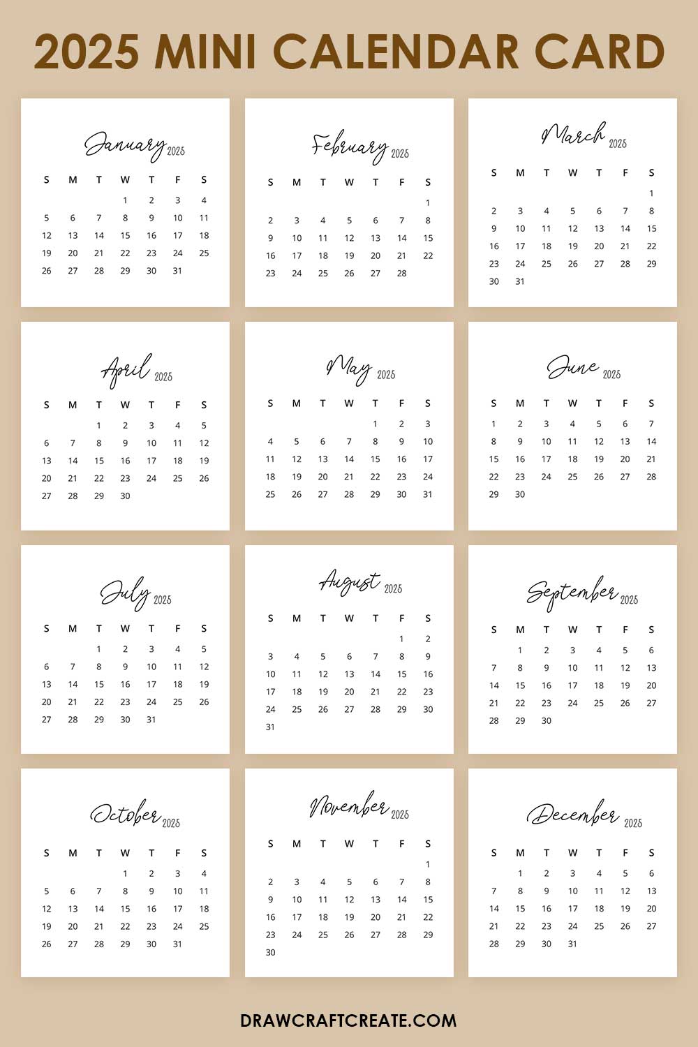 Free Printable 2025 Mini Calendar Card