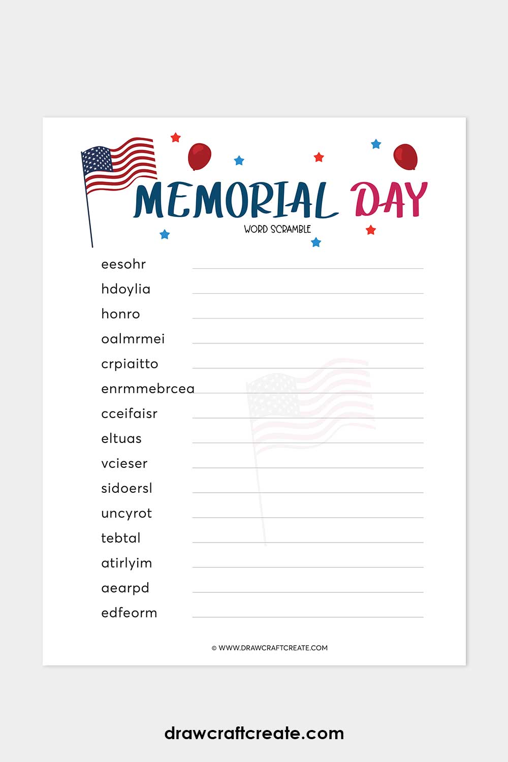 Printable Memorial Day Word Scramble