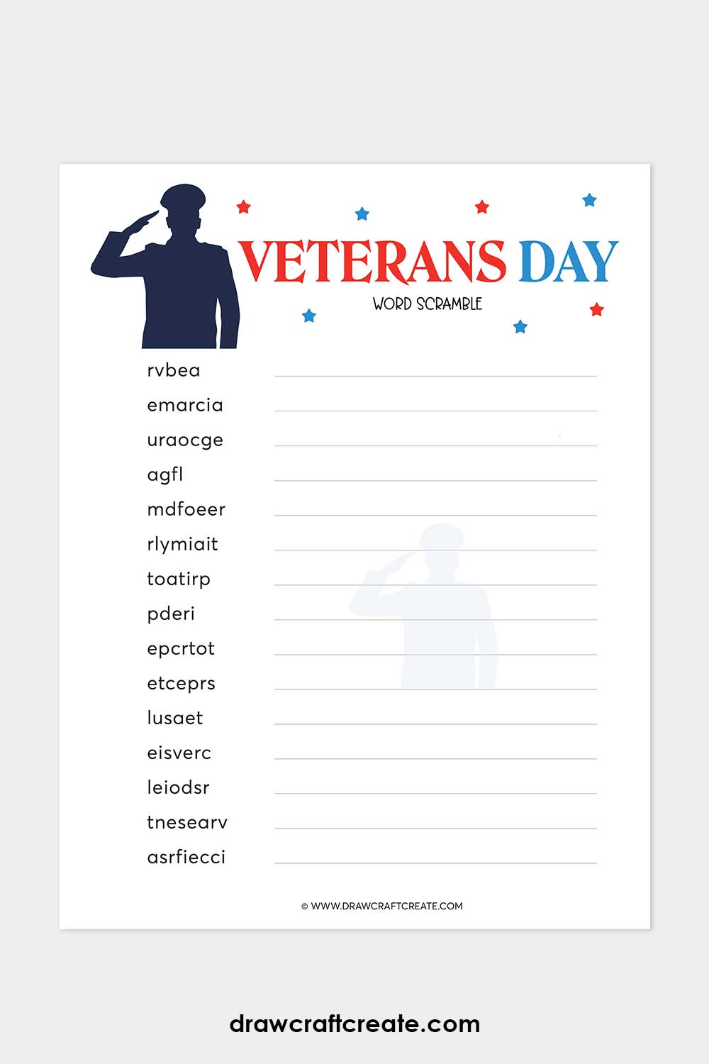 Printable Veterans Day Word Scramble