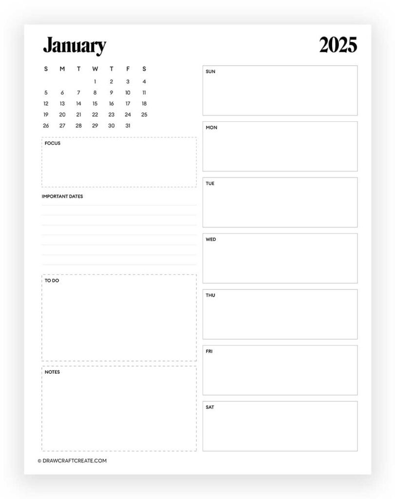 January 2025 Calendars Printable 40+ Free PDF Draw Craft Create
