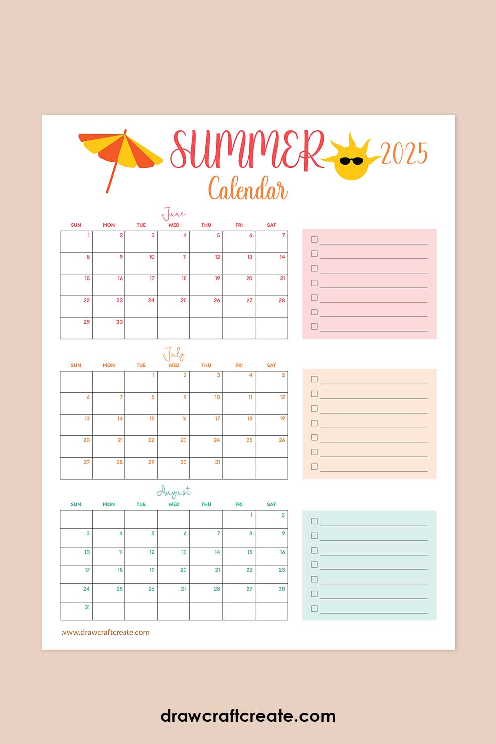 Free Printable 2025 Summer Calendars Draw Craft Create