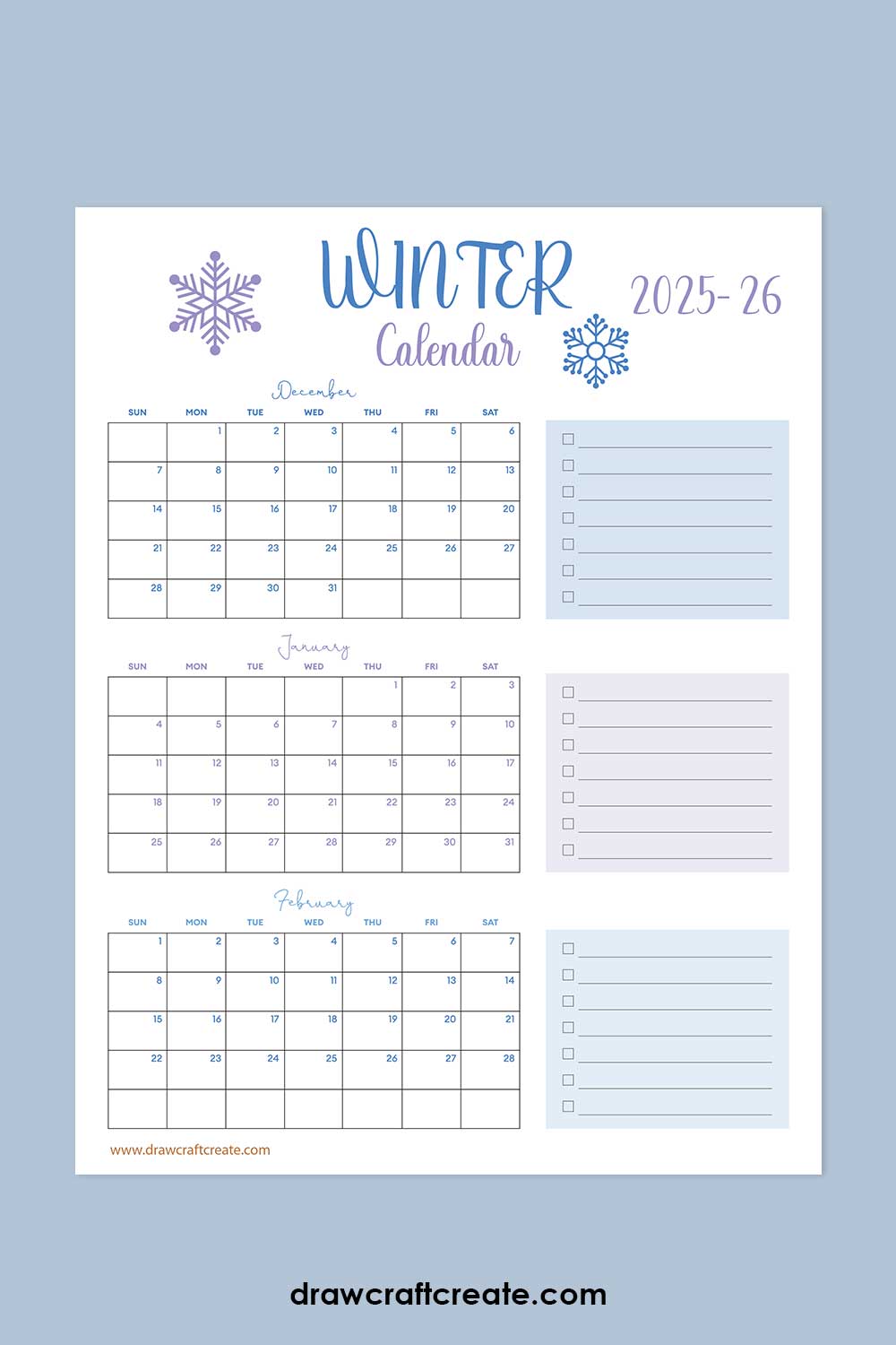 printable 2025 winter calendar
