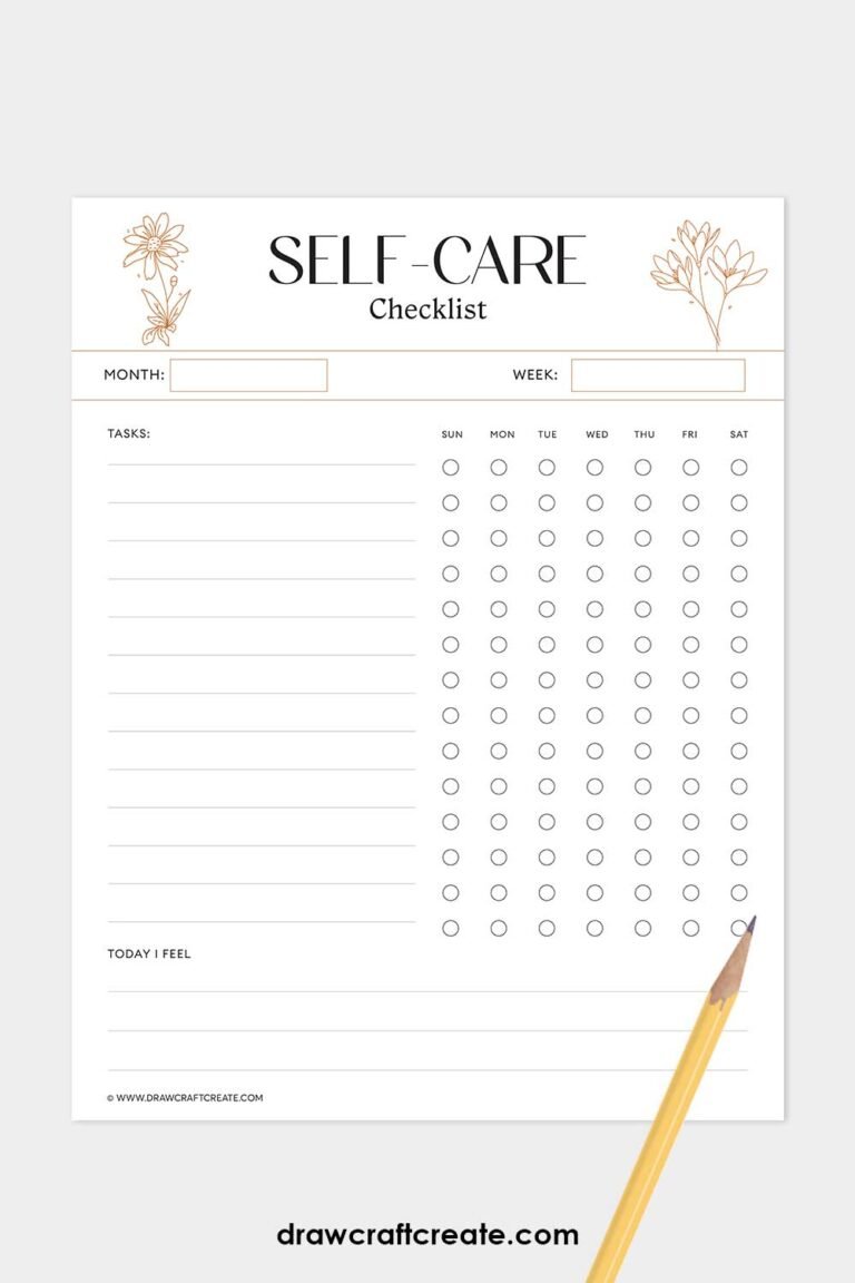 Self Care Planner Checklist Printable (8 Pages) - Draw Craft Create