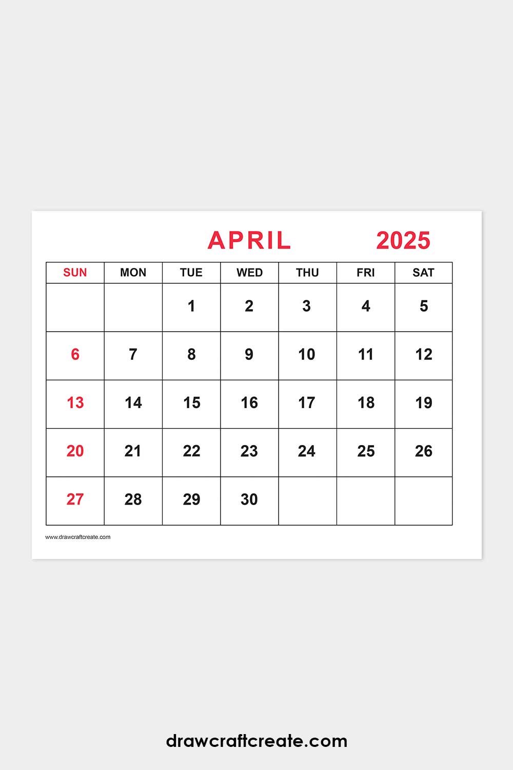 April 2025 calendar landscape