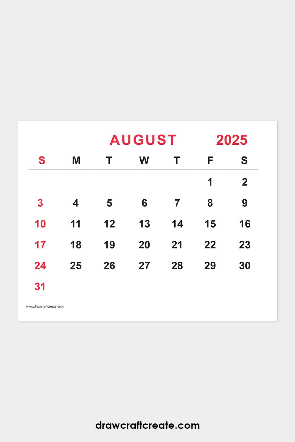 August 2025 calendar landscape