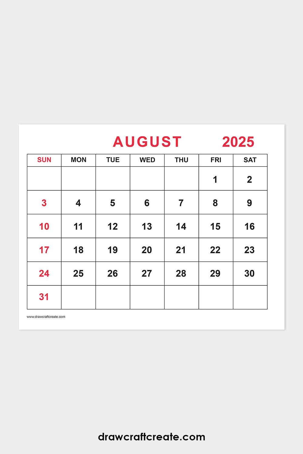 August 2025 calendar landscape