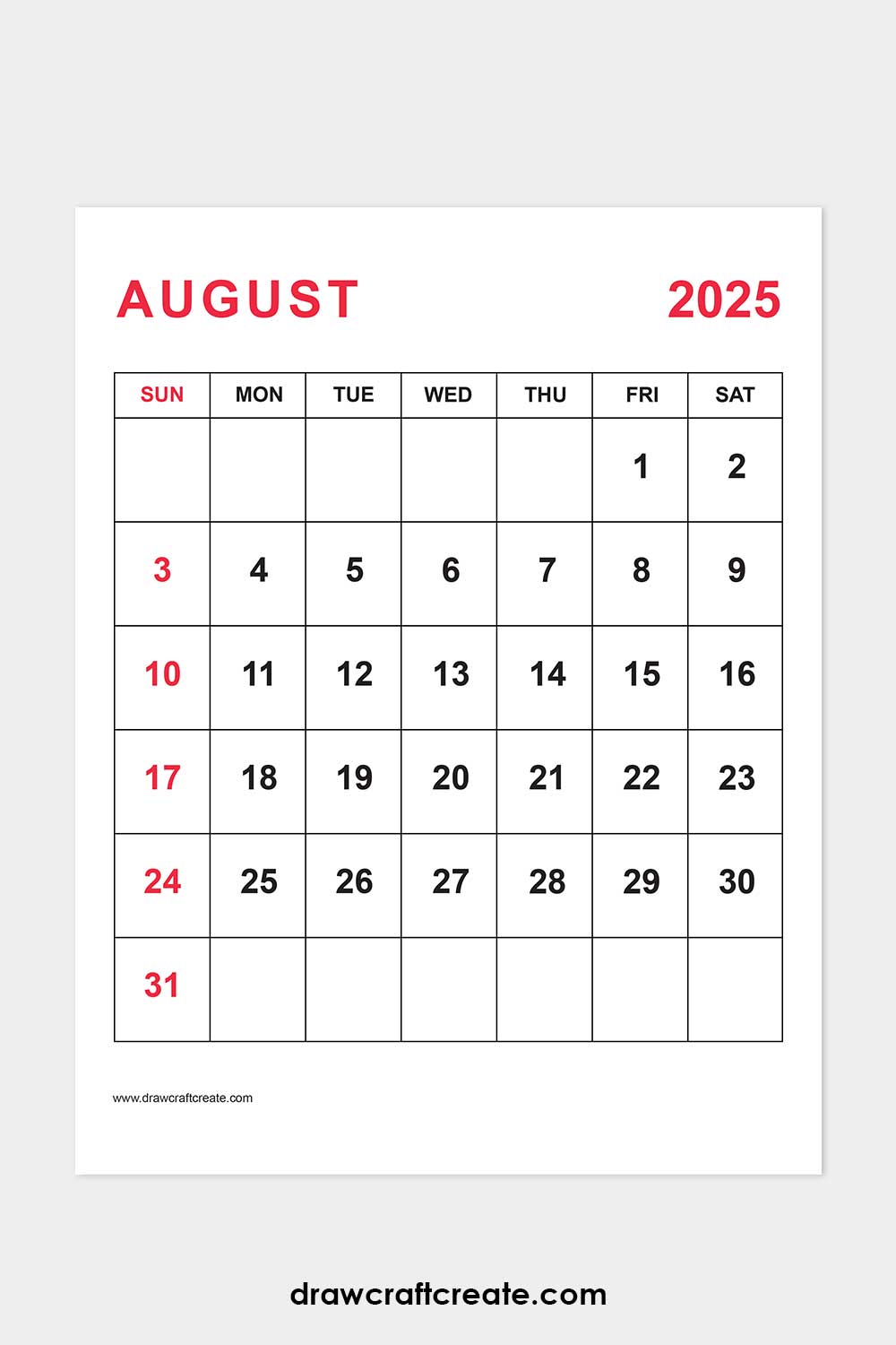 August 2025 calendar portrait