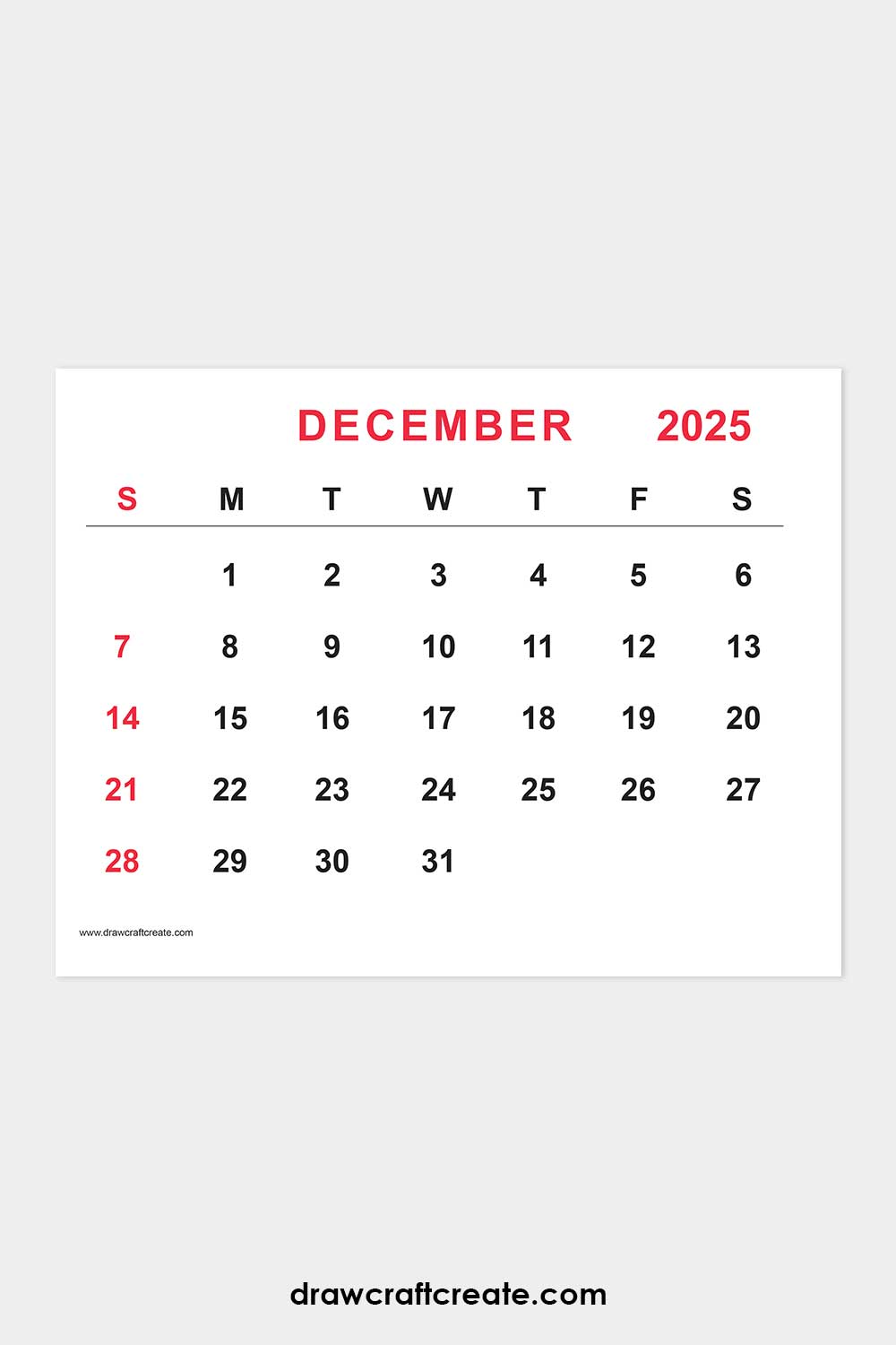 December 2025 calendar landscape