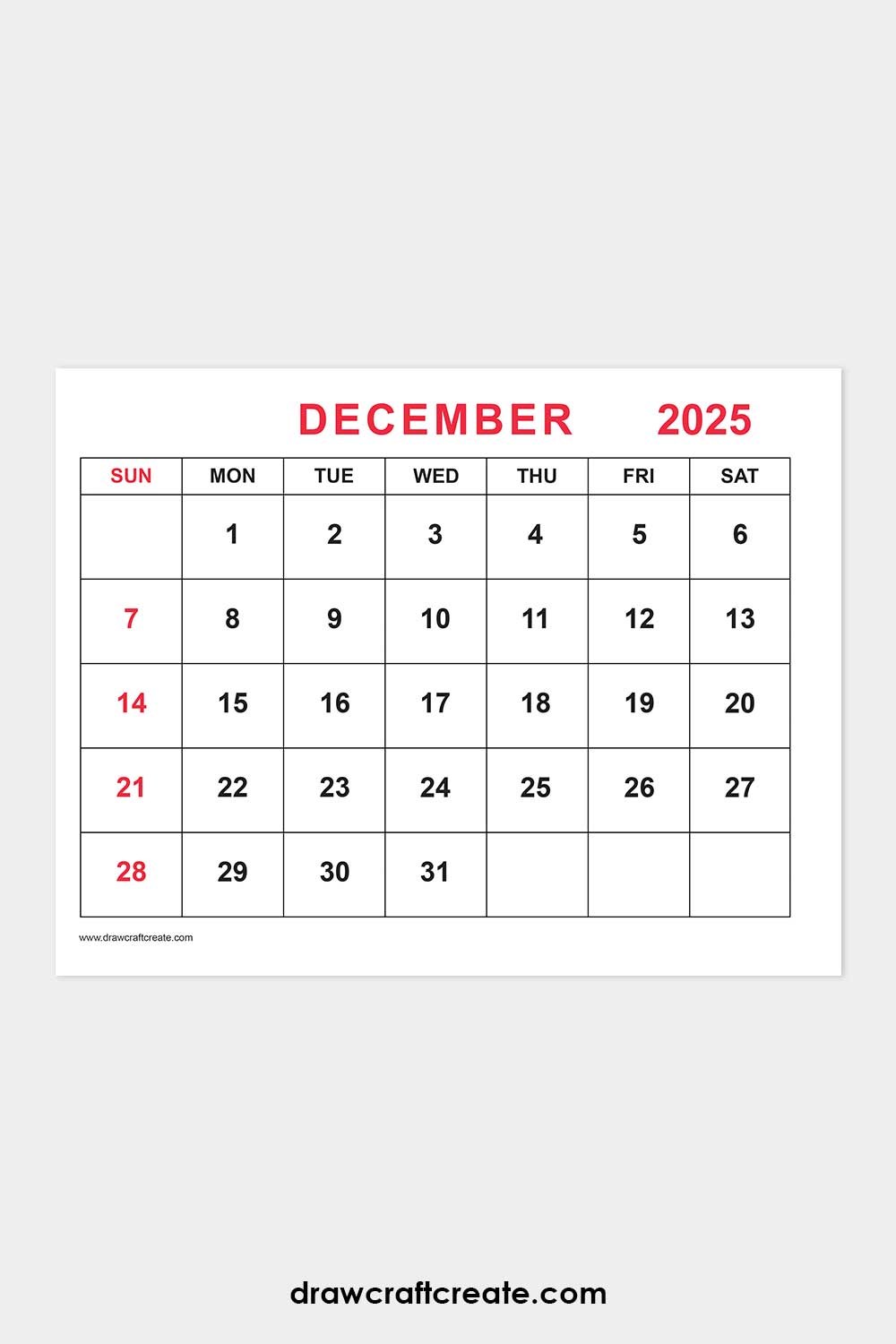 December 2025 calendar landscape