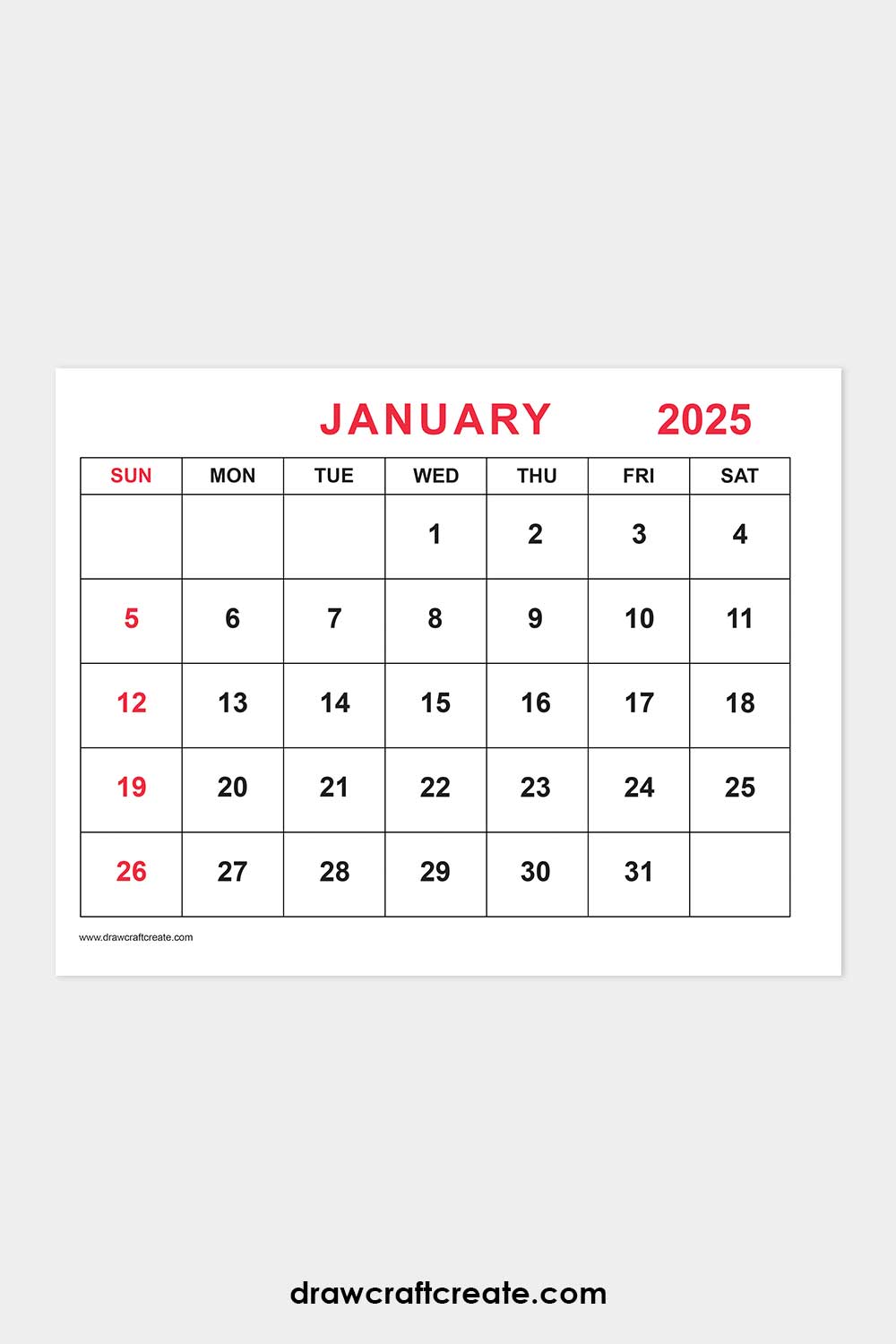 January 2025 calendar landscape