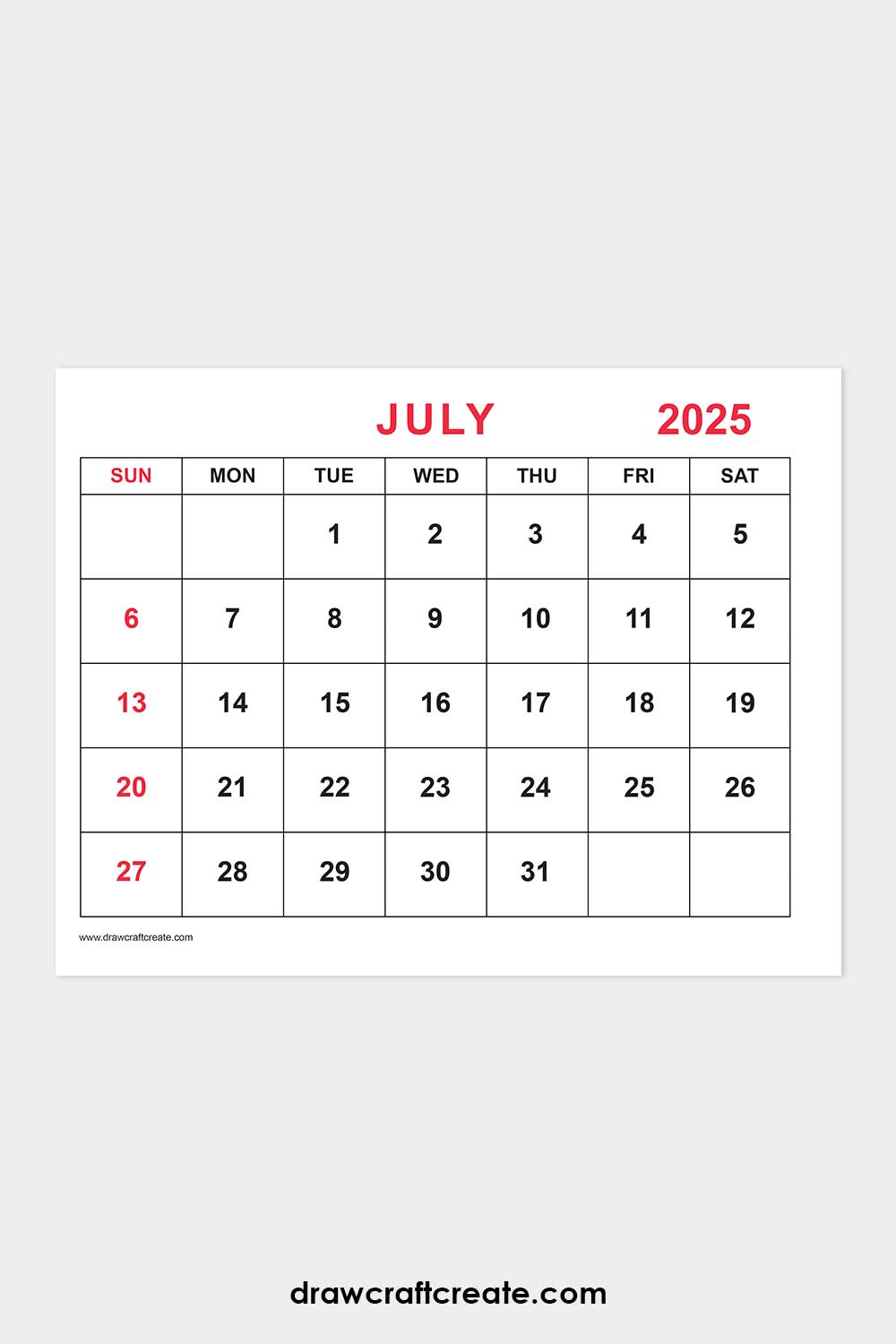 July 2025 calendar landscape