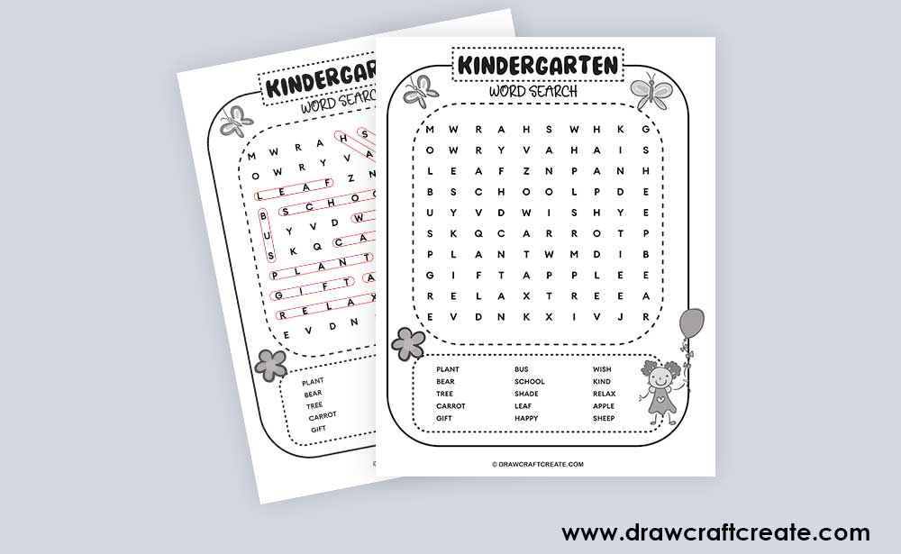 kindergarten word search answer sheet
