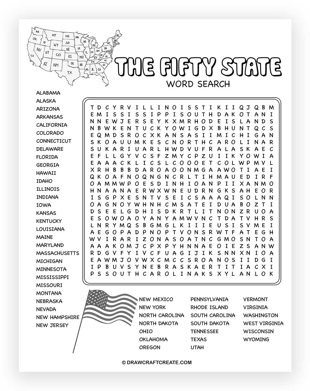 printable 50 State Word Search