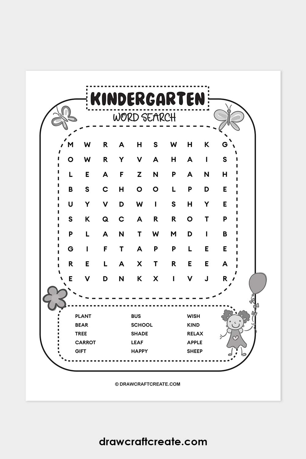 printable Kindergarten Word Search