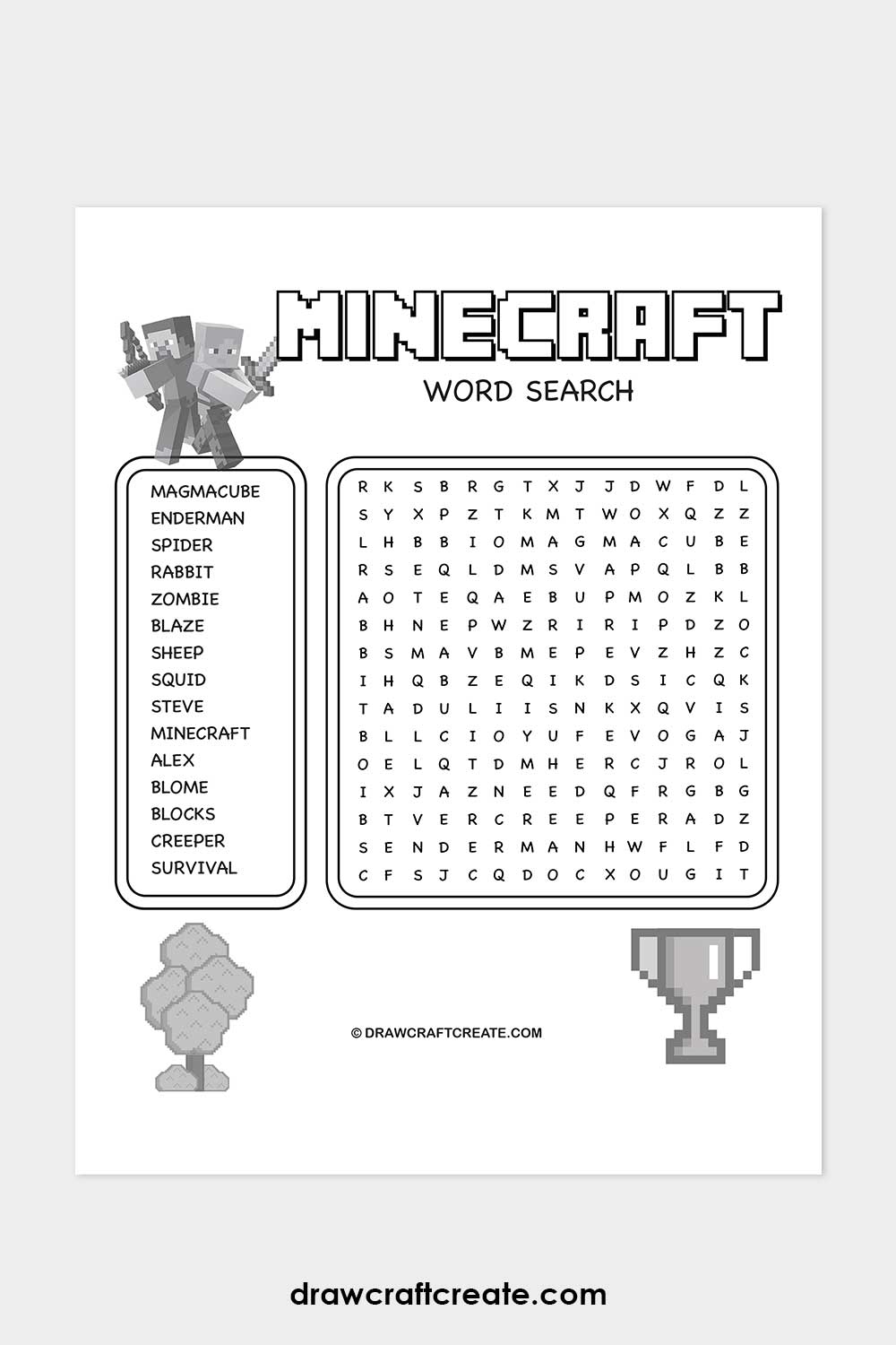 printable Minecraft Word Search