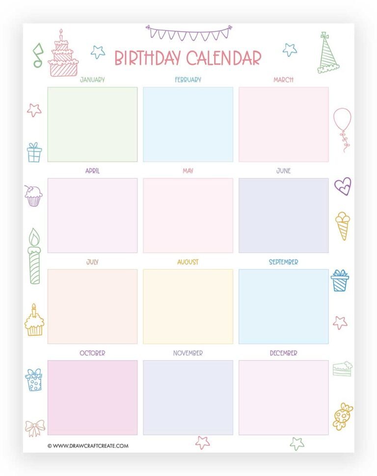 Free Printable Birthday Calendar Templates - Draw Craft Create