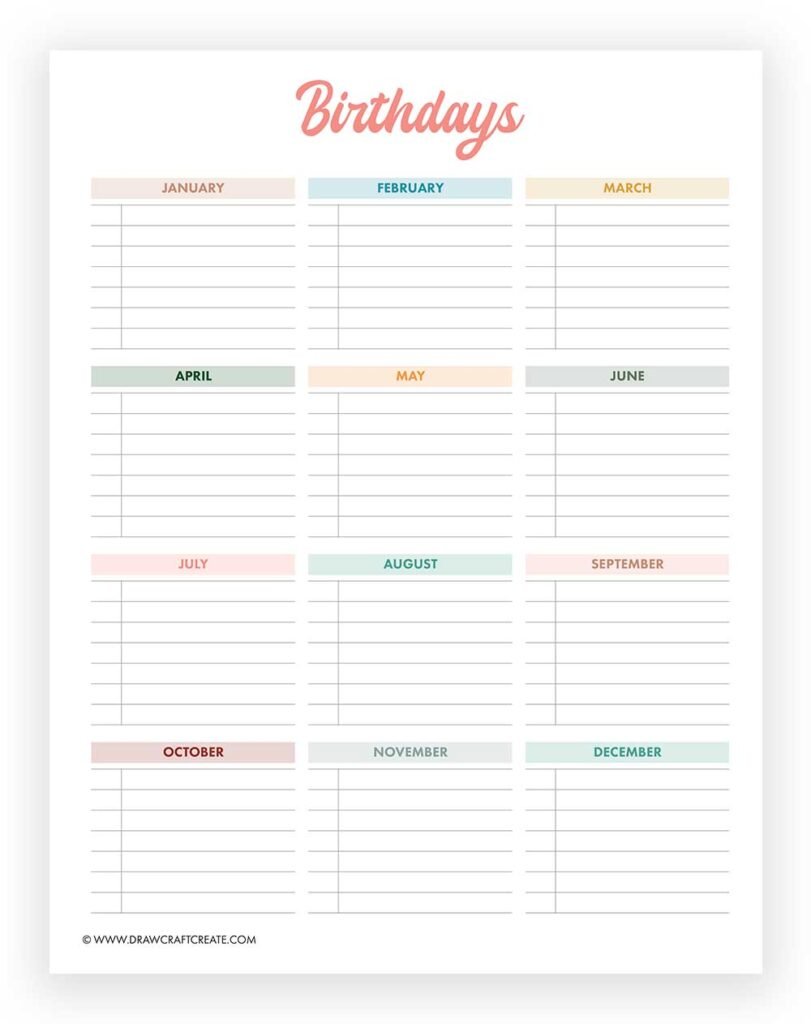 Free Printable Birthday Calendar Templates - Draw Craft Create