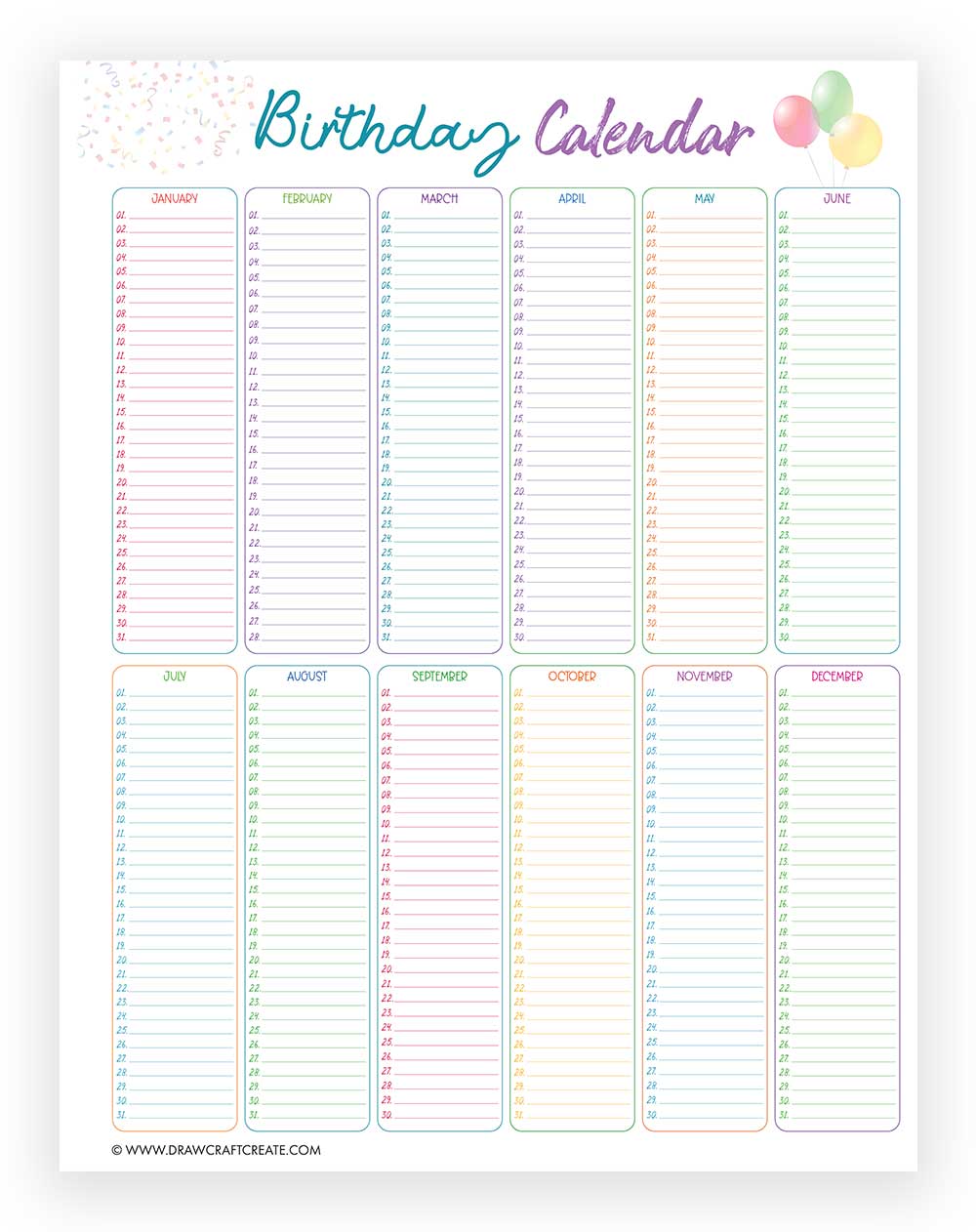 printable birthday calendar template