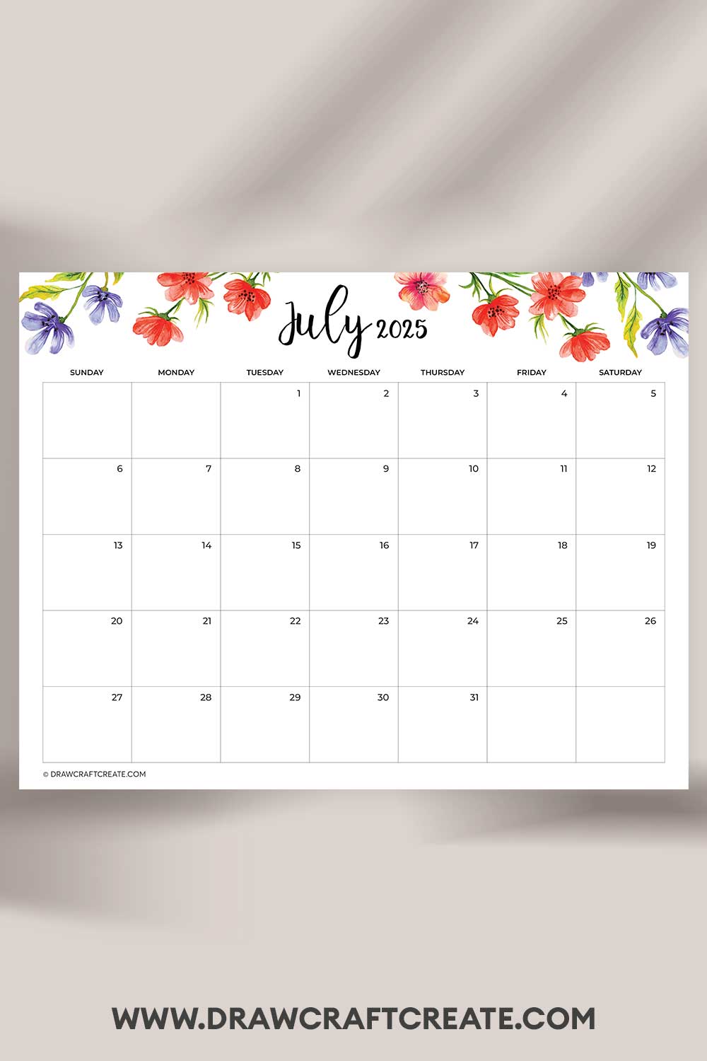 printable july 2025 calendar landscape