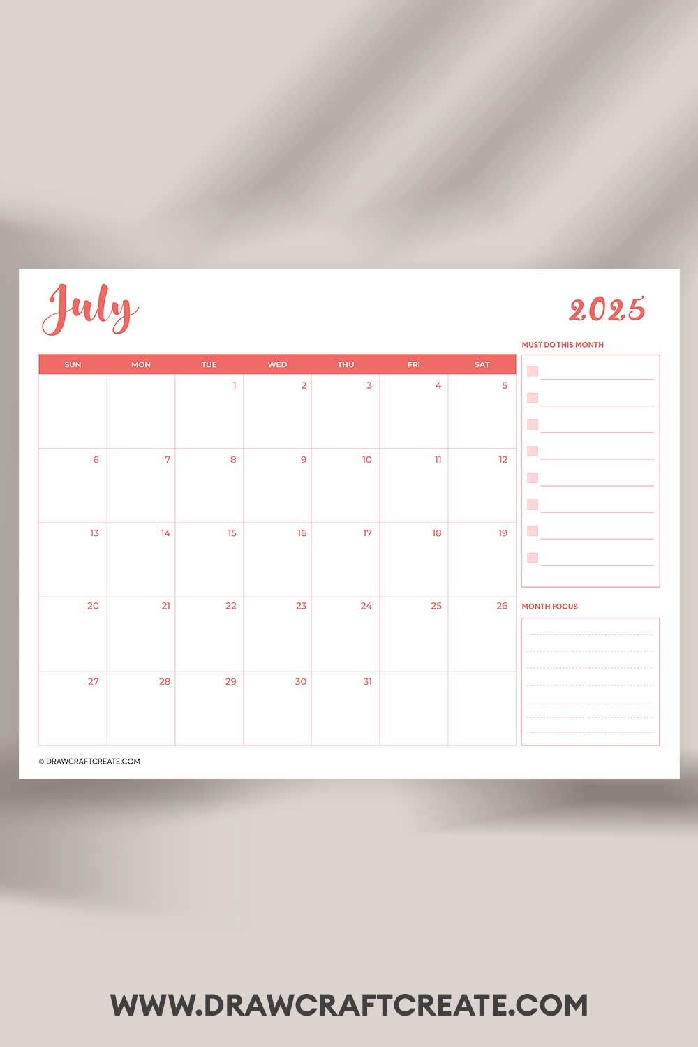 printable july 2025 calendar landscape