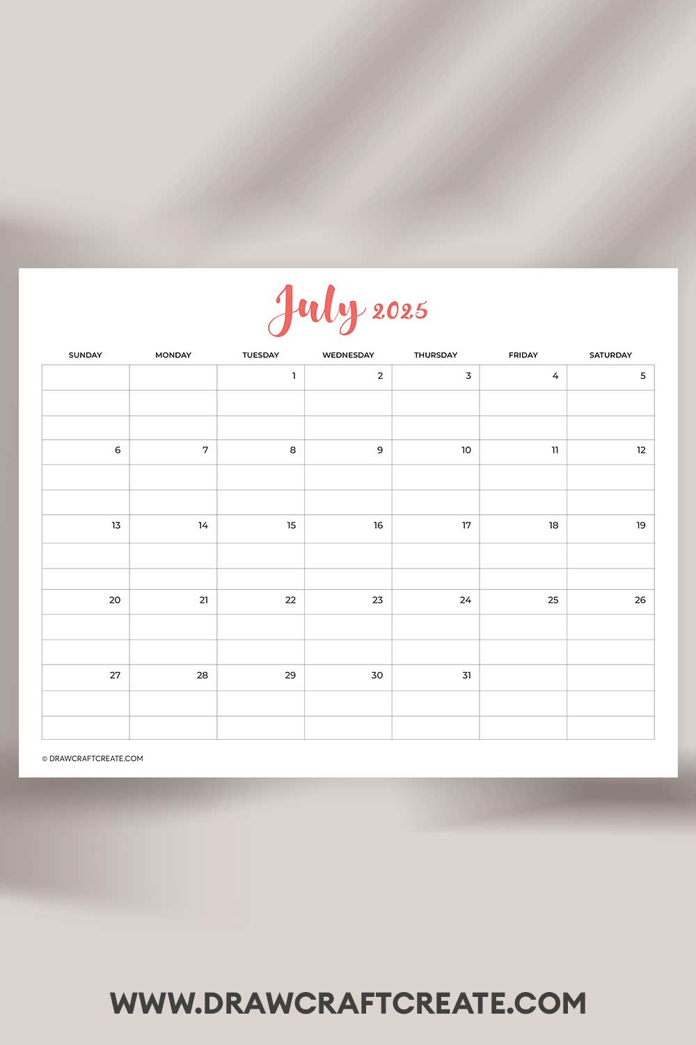 printable july 2025 calendar landscape