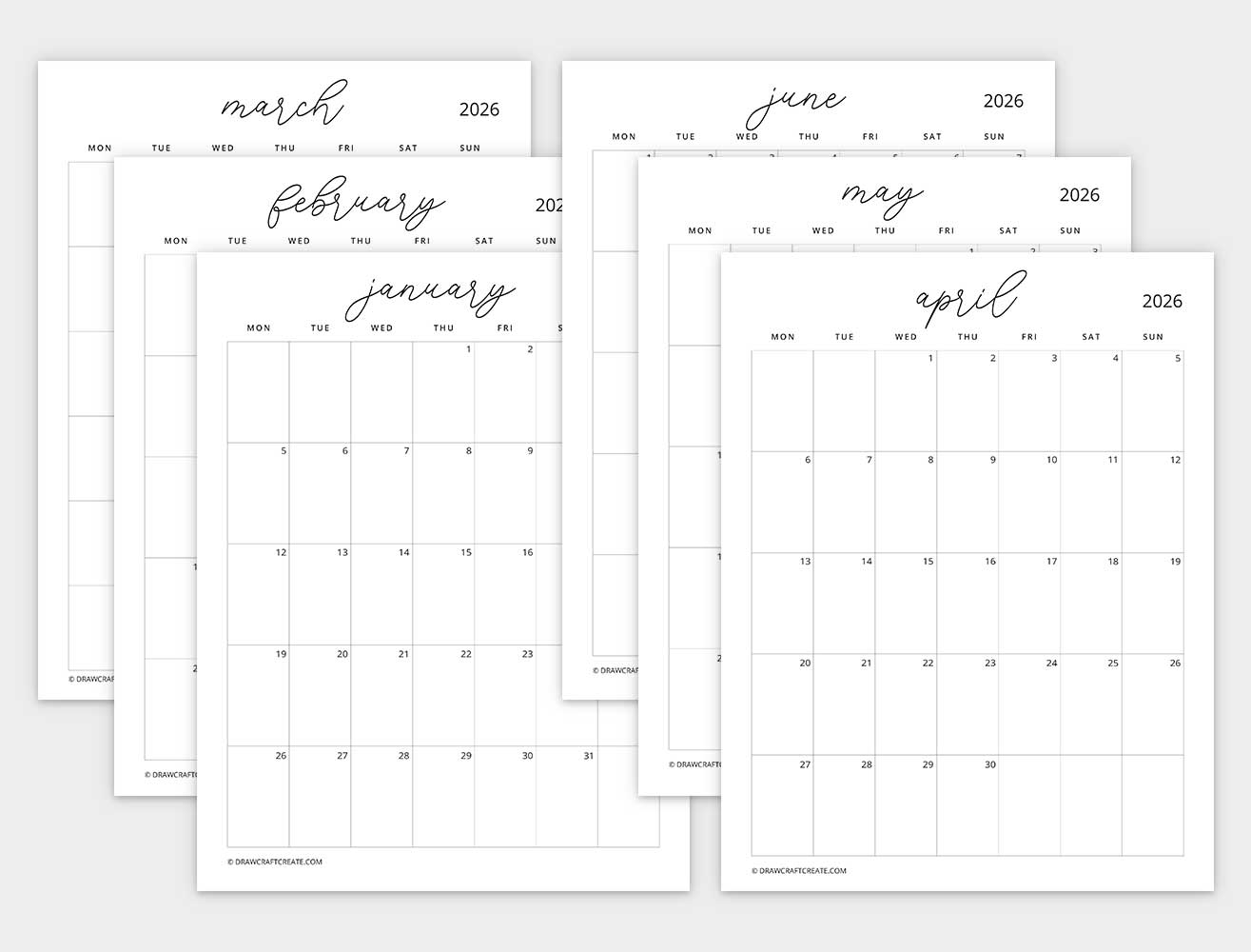 2026 calendar monday start