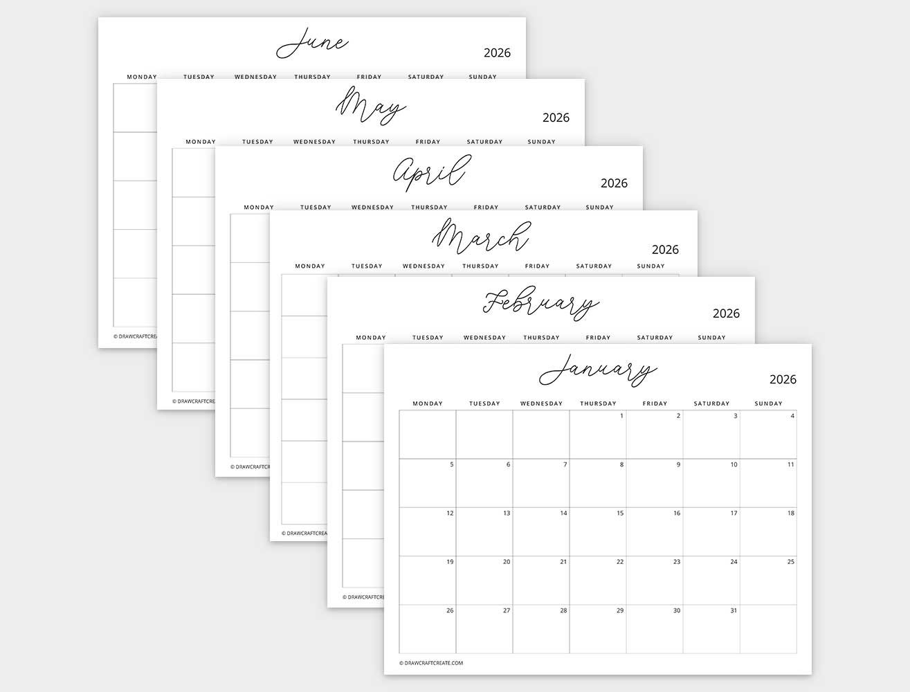 2026 calendar printable monday start