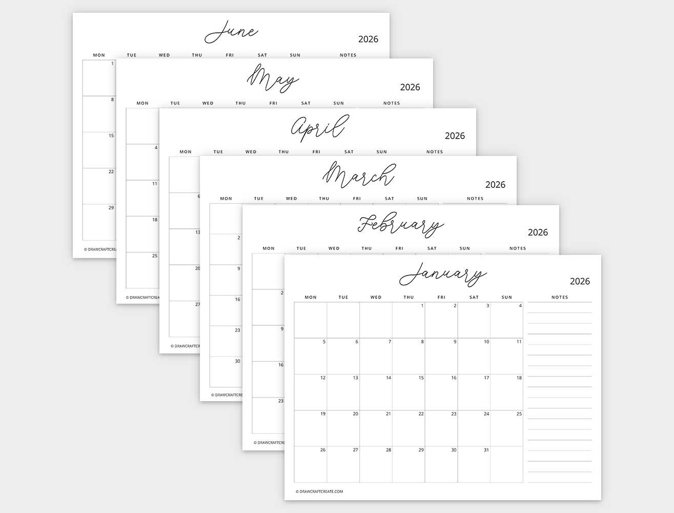 2026 calendar printable with note monday start