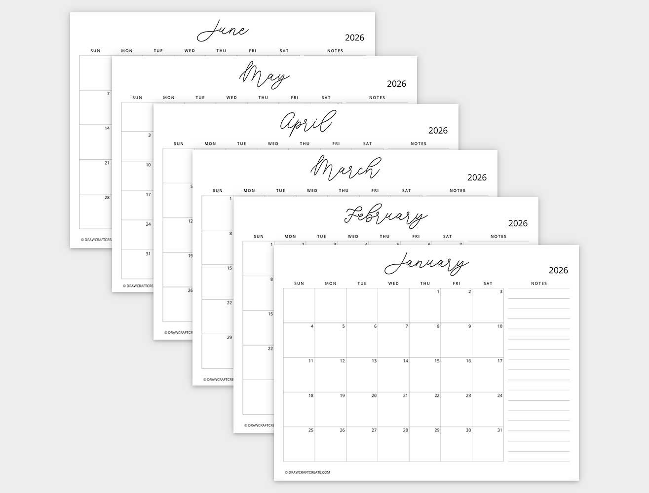 2026 calendar printable with note sunday start